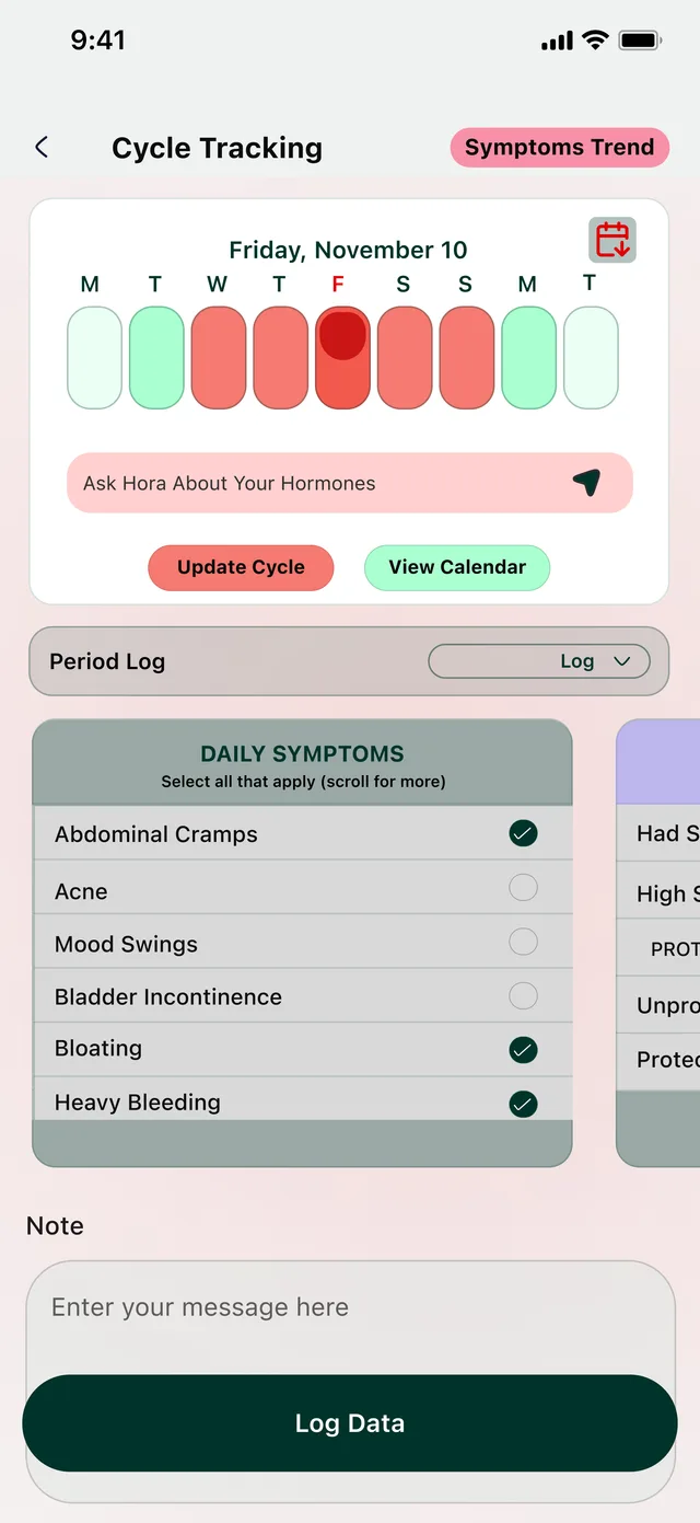 Hora cycle tracking screen for her