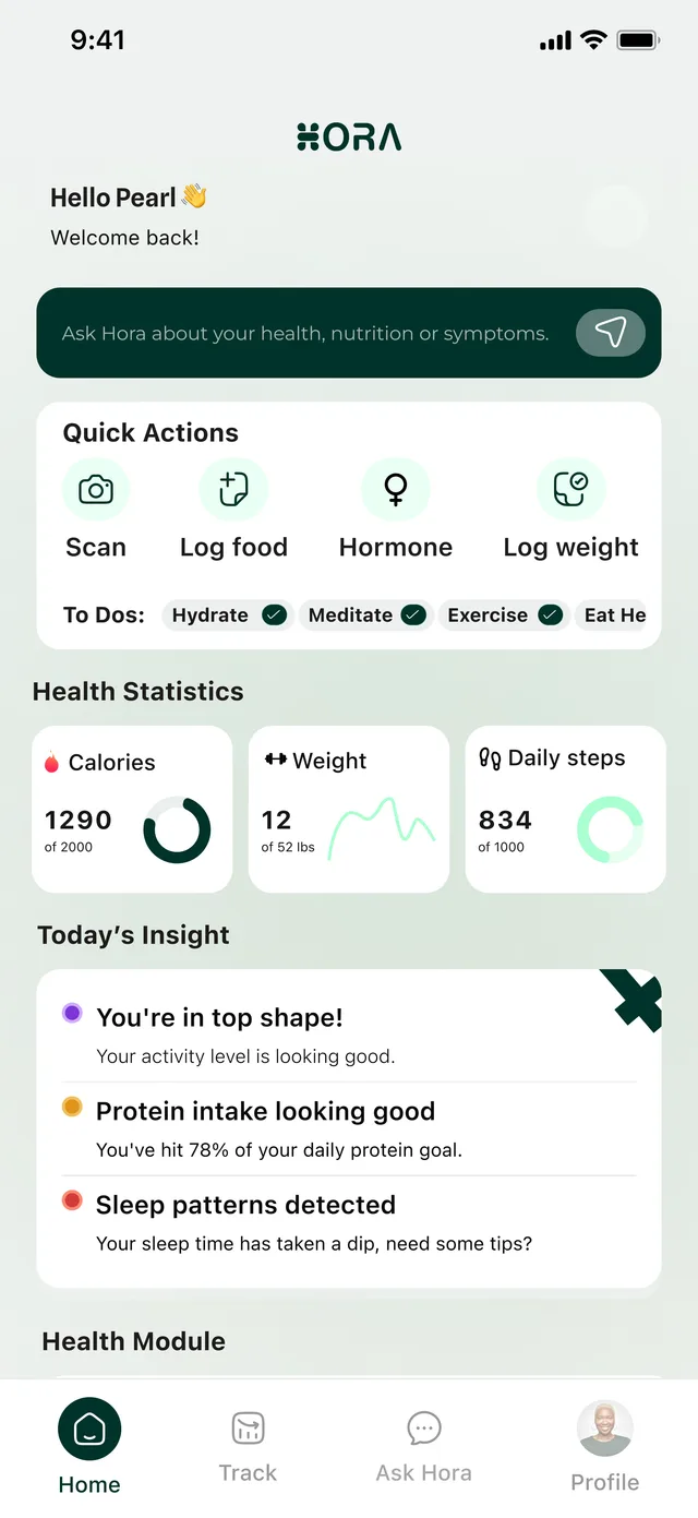 Hora home dashboard showing today's insights, quick actions and health statistics