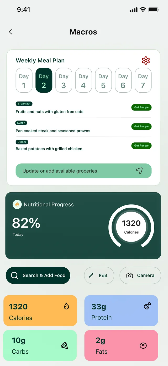 Hora macros screen showing a weekly personalised meal plan