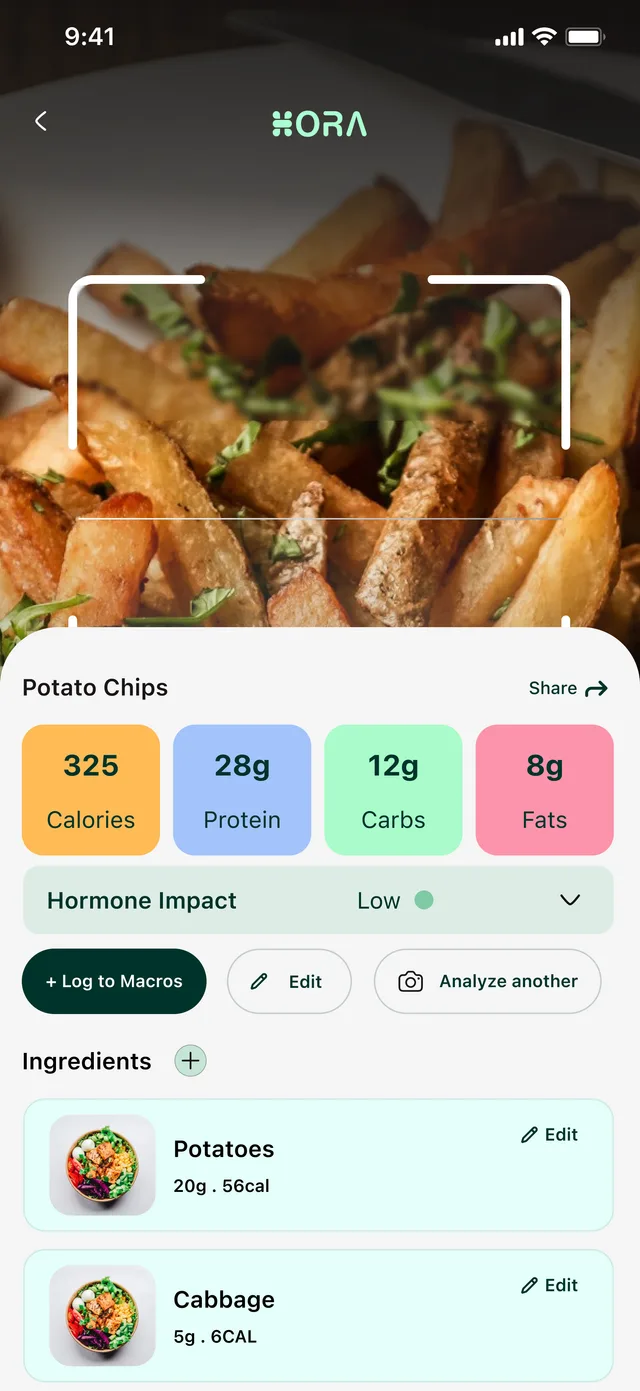 Hora food scanner result showing calories, macros and hormone-impact score